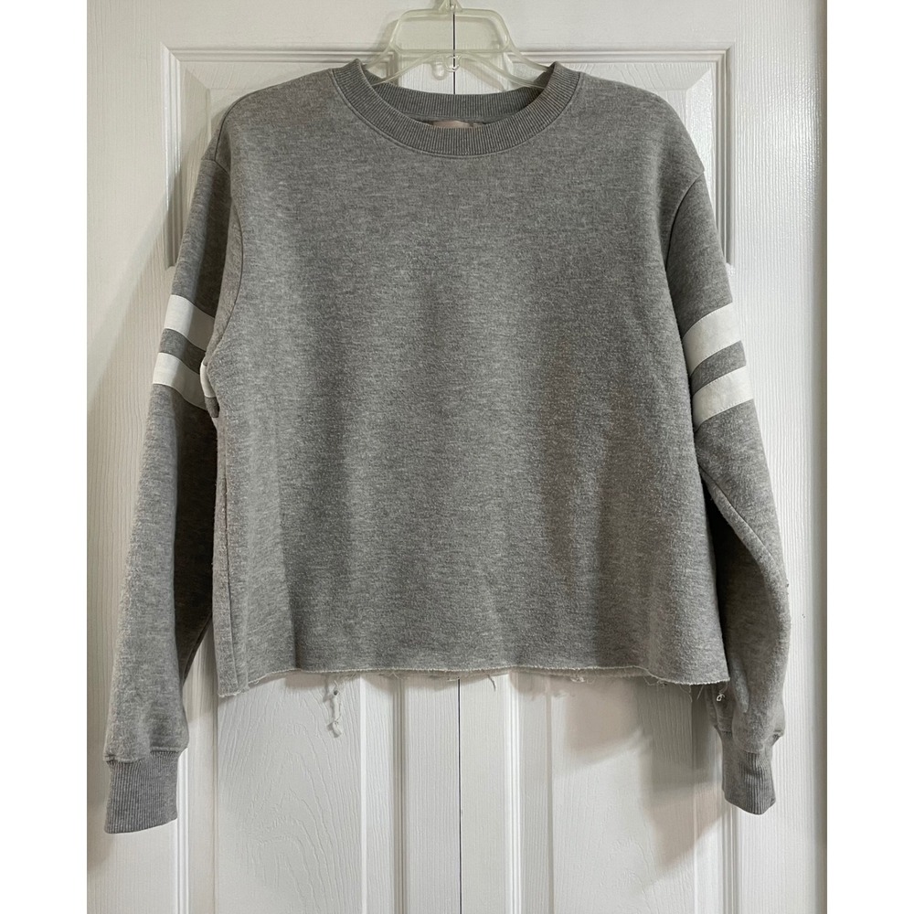 Philosophy Gray Crewneck Cropped Sweatshirt Distressed Raw Hem Striped Sleeves L